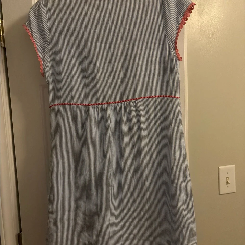 Boden Blue & White Striped Embroidered V-Neck Midi Dress with Pink Trim - Picture 2 of 4